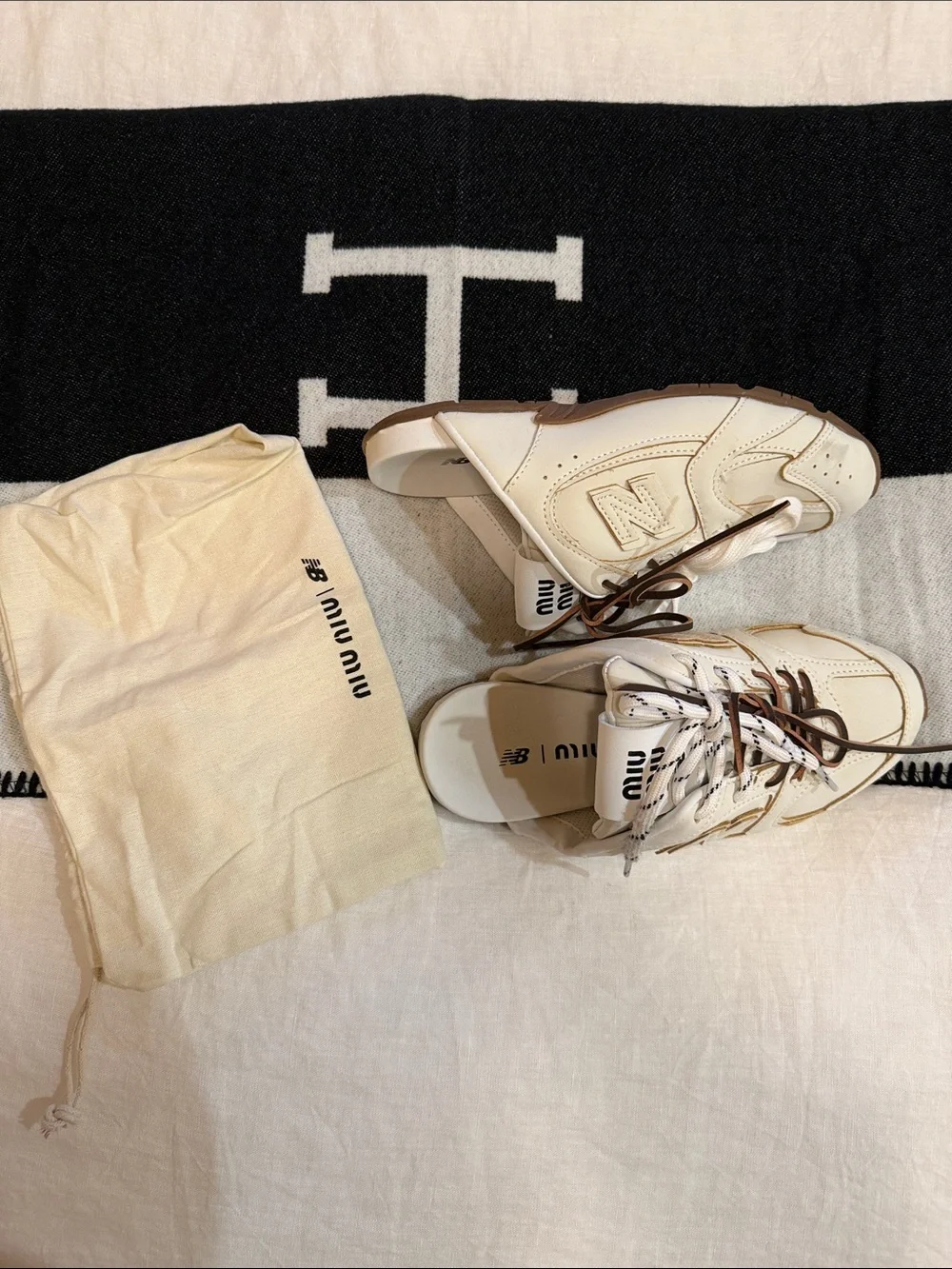 Miu Miu Off-White Leather Lace-Up Sneakers with Brown Accents